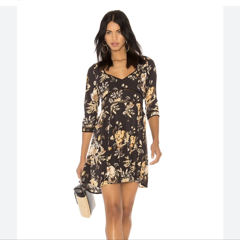 Spell Black Floral Mini Dress with Yellow Cream Blooms